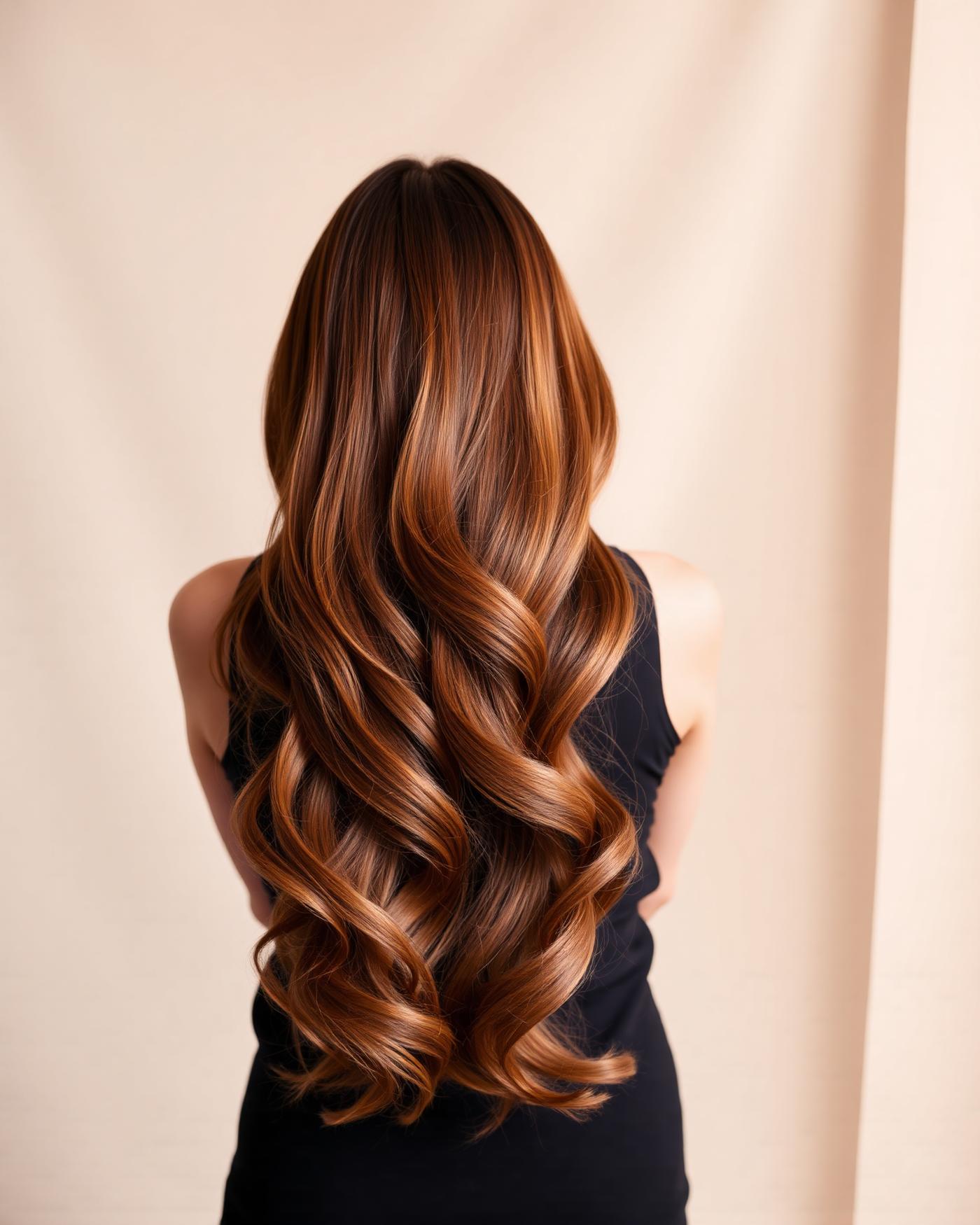 Long glossy brown hair styled into soft waves